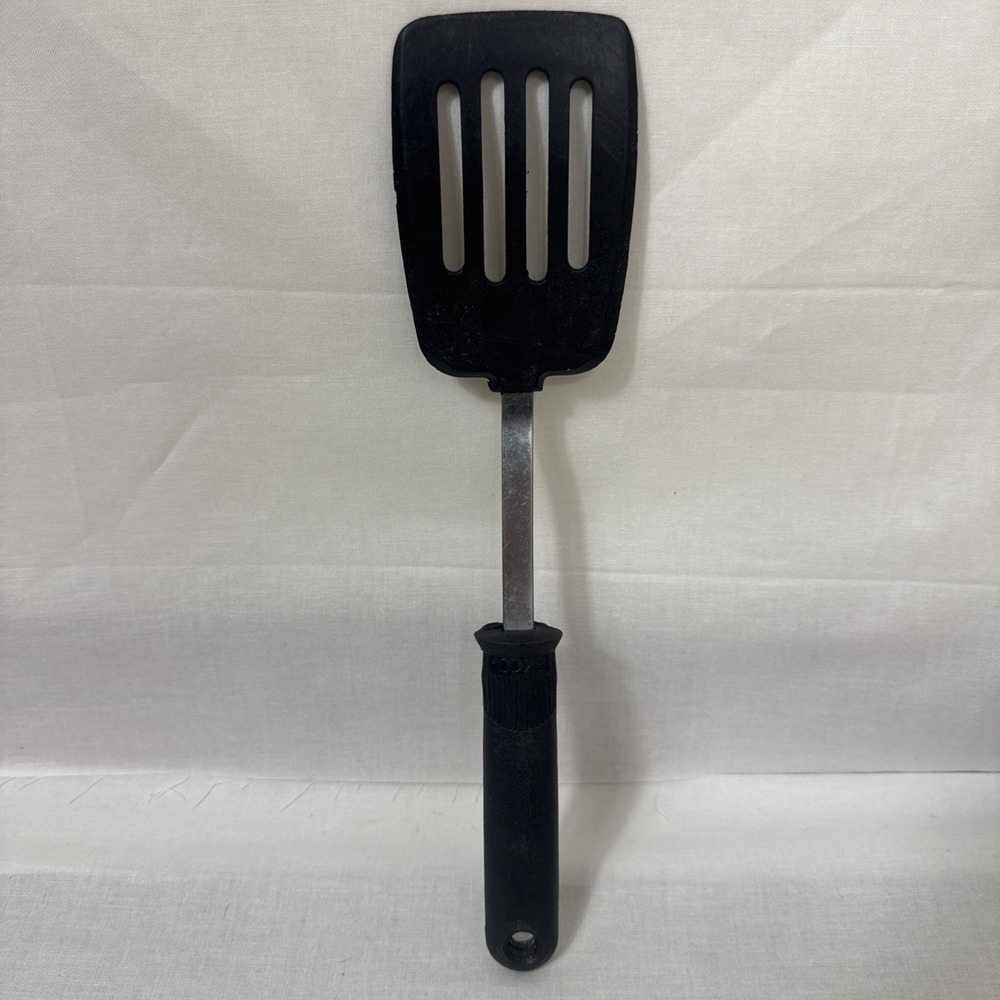 Vintage Ekco Slotted Nylon Spatula Turner Flipper Black Plastic Ribbed Handle